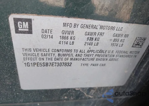 2014 Chevrolet Cruze 2Lt Auto from USA, damaged, VIN 1G1PE5SB7E7307832